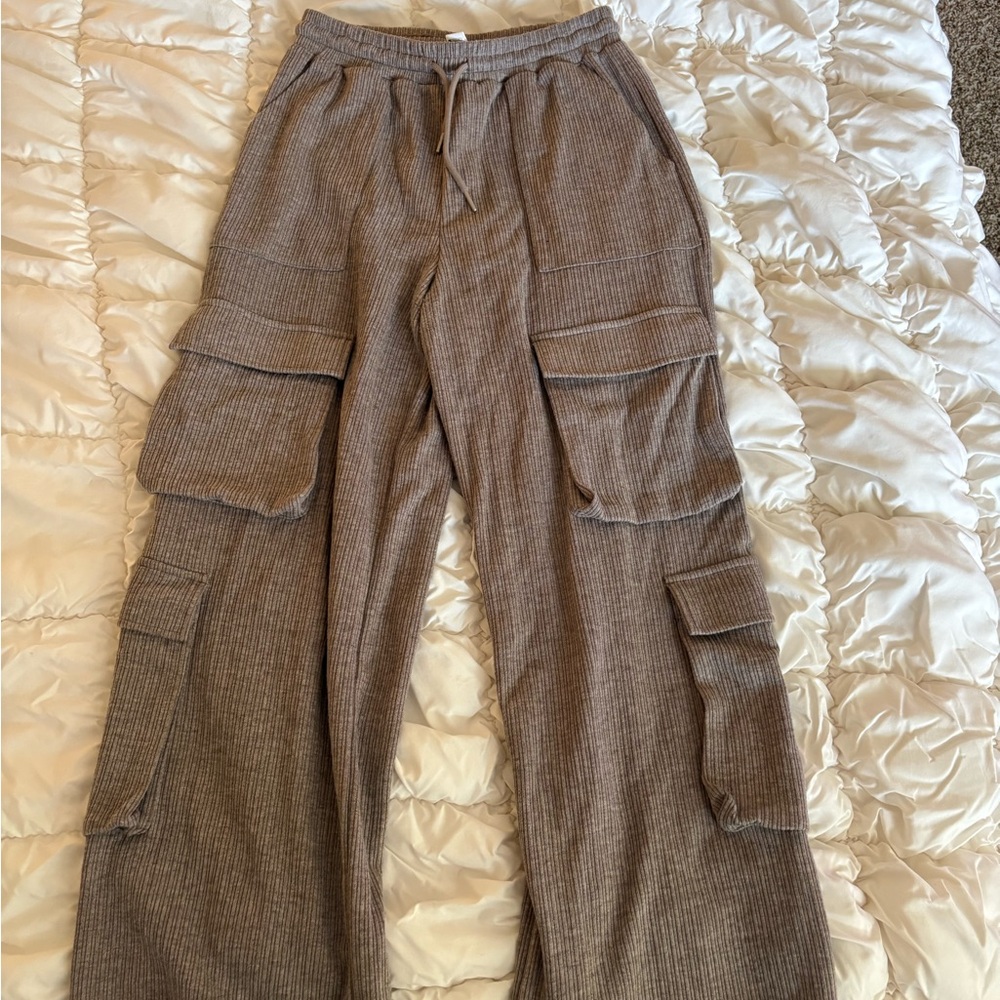 HALARA Brown Ribbed Cargo Straight Leg Pants